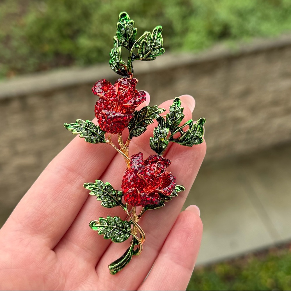 Red Crystal Rose Brooch | Floral Rhinestone Statement Pin - Picture 2 of 5